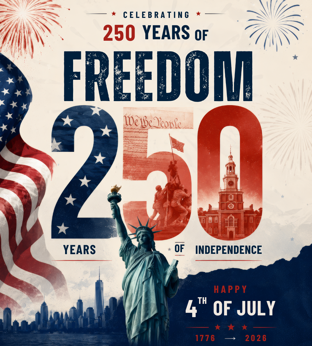 Celebrating 250 years of freedom. Happy 4th of July, 1776 to 2026.